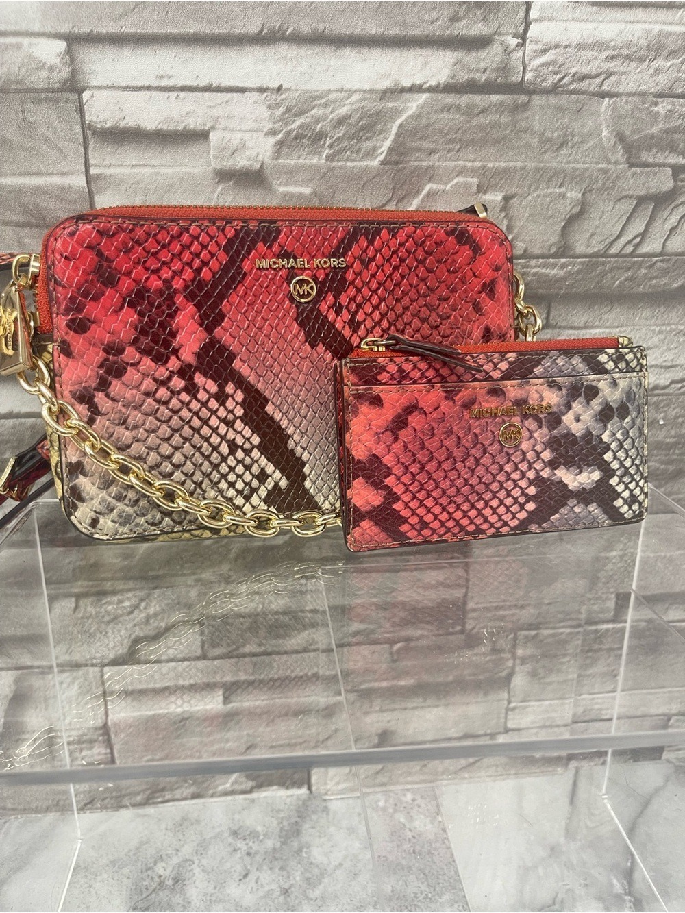 Michael Kors Small Double Zip Camera Crossbody & Matching Wallet Dahlia Snake